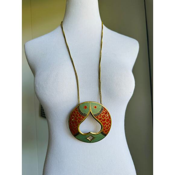 Vintage Brass Fish Pendant Necklace Made in India Rust Green Gold Statement - Picture 5 of 6
